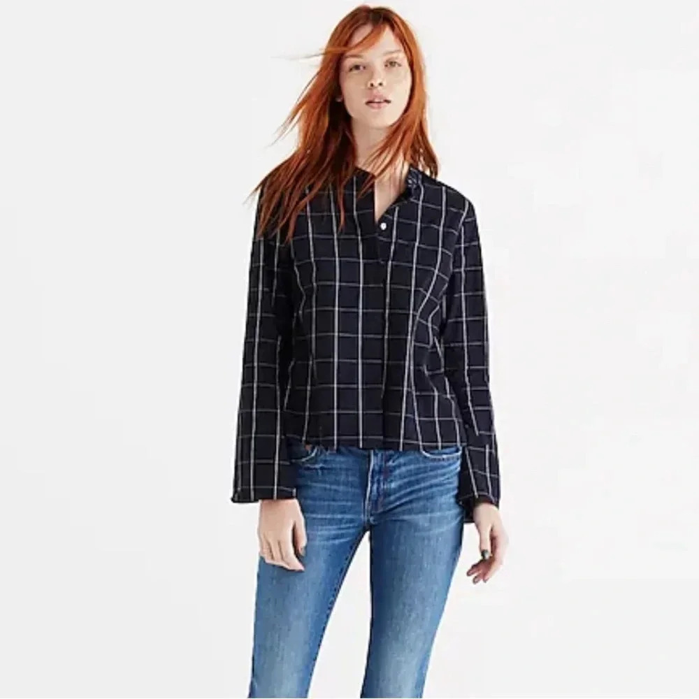 Madewell Bell-Sleeved Buttondown Shirt in Windowpane Navy Women’s XXS
